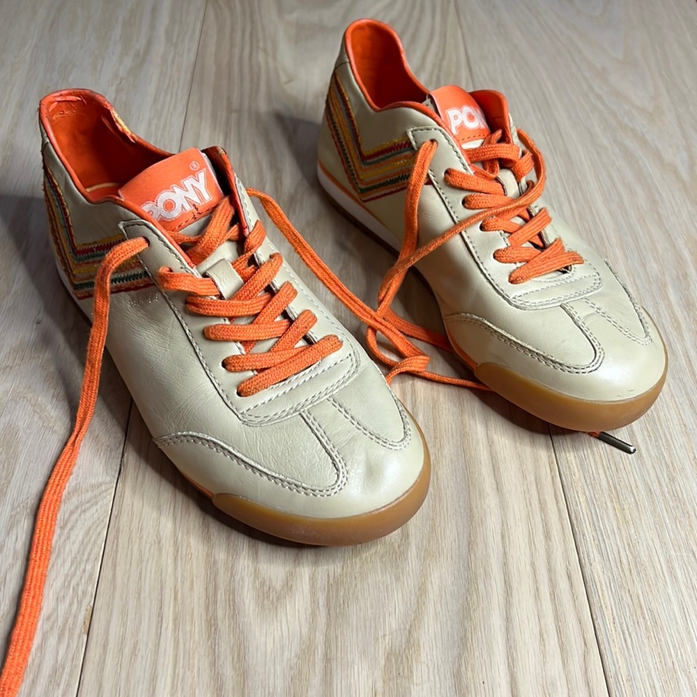 Rare Vintage PONY MX'77 Chevron, beige and orange leather stitched Shoes 7.5